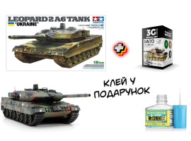 обзорное фото Scale model 1/35 Leopard tank 2 A6 Ukraine Tamiya 25207 + Set of acrylic paints NATO COLORS 3G Kits