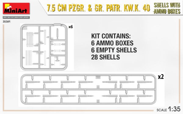 Сборная модель 1/35 Снаряды 7,5 см Pzgr. &amp; Gr. Patr. Kw.K. 40 с ящиками для боеприпасов МиниАрт детальное изображение Наборы деталировки Афтермаркет