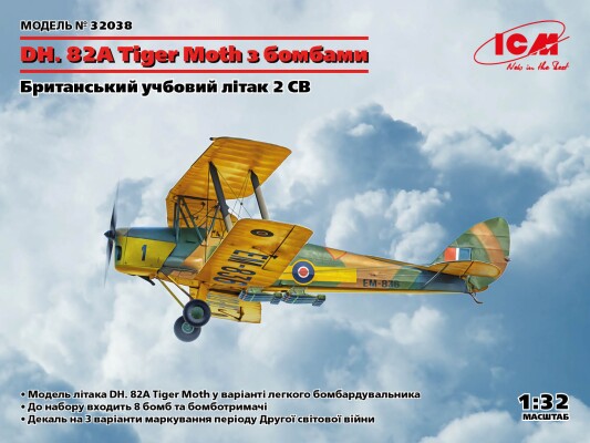 Сборная модель 1/32 Британский учебный самолет DH. 82A Tiger Moth с бомбами ICM 32038 детальное изображение Самолеты 1/32 Самолеты