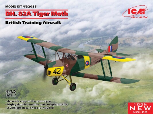 Сборная модель 1/32 Британский учебный самолет DH. 82A Tiger Moth ICM 32035 детальное изображение Самолеты 1/32 Самолеты