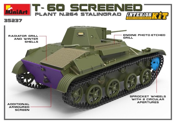 Збірна модель 1/35 Радянський легкий танк Т-60 екранований (завод 264 Сталінград) з інтер'єром MiniArt 35237 детальное изображение Бронетехника 1/35 Бронетехника