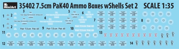 Scale model 1/35 Ammunition set 7.5 cm PaK40 with shells Miniart 35402 детальное изображение Аксессуары Диорамы