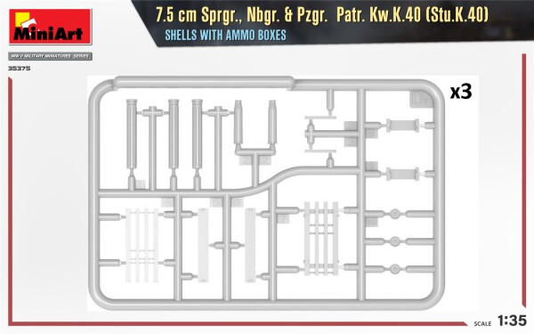 Сборная модель 1/35 Набор 7,5-см снаряды Sprgr., Nbgr. и Pzgr. Patr. Kw.K.40 (Stu.K.40) с ящиками детальное изображение Наборы деталировки Афтермаркет