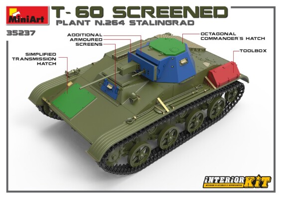 Збірна модель 1/35 Радянський легкий танк Т-60 екранований (завод 264 Сталінград) з інтер'єром MiniArt 35237 детальное изображение Бронетехника 1/35 Бронетехника