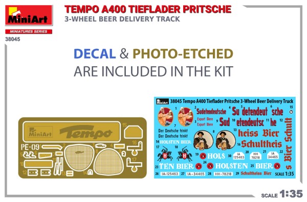 Scale model 1/35 Three-wheeled truck Tempo A400 Tieflader Pritsche MiniArt 38045 детальное изображение Автомобили 1/35 Автомобили