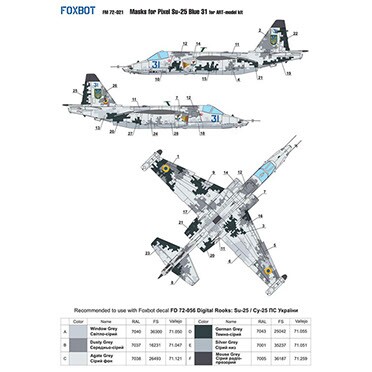 Foxbot 1:72 Маски для Су-25 «Синий 31», ВВС Украины, пиксельный камуфляж детальное изображение Маски Афтермаркет