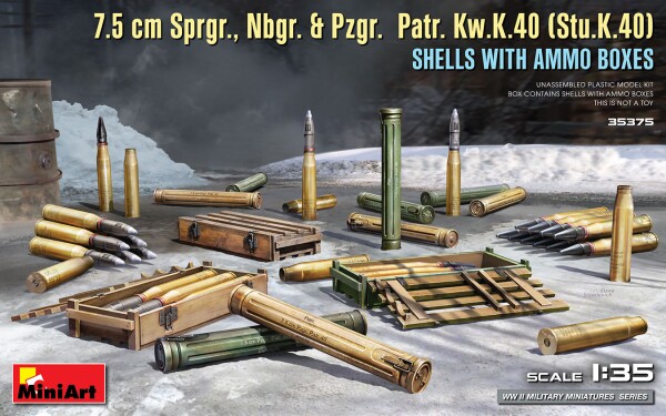 Сборная модель 1/35 Набор 7,5-см снаряды Sprgr., Nbgr. и Pzgr. Patr. Kw.K.40 (Stu.K.40) с ящиками детальное изображение Наборы деталировки Афтермаркет