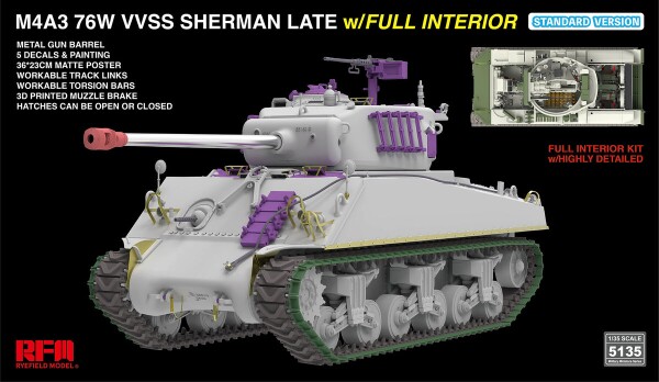 Збірна модель 1/35 Танк M4A3 76W VVSS Sherman Late з повним інтер'єром (стандартна версія) Rye Field Model RM-5135 детальное изображение Бронетехника 1/35 Бронетехника