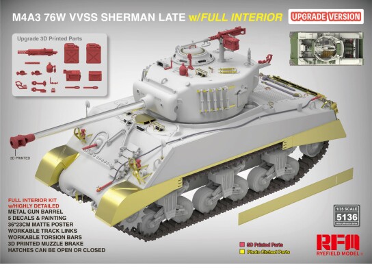 Збірна модель 1/35 Танк M4A3 76W VVSS Шерман Late з повним інтер'єром (Оновлена версія) Rye Field Model RM-5136 детальное изображение Бронетехника 1/35 Бронетехника