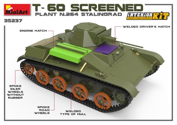 Збірна модель 1/35 Радянський легкий танк Т-60 екранований (завод 264 Сталінград) з інтер'єром MiniArt 35237 детальное изображение Бронетехника 1/35 Бронетехника