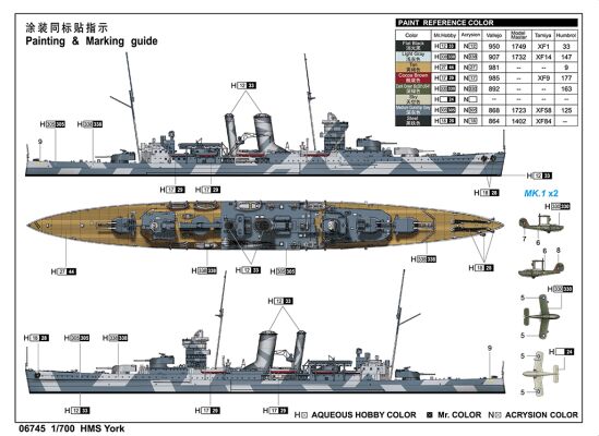 Збірна модель важкого крейсера Королівського флоту HMS York детальное изображение Флот 1/700 Флот