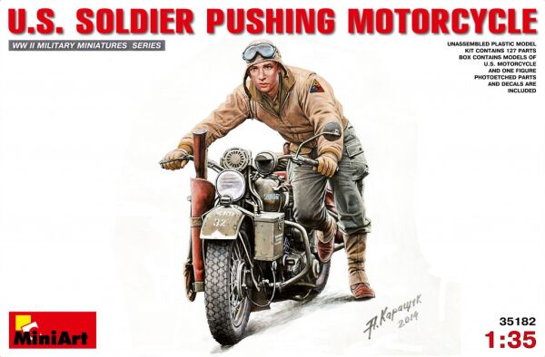 Американський солдат штовхаючий мотоцикл детальное изображение Автомобили 1/35 Автомобили