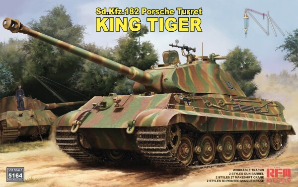 Збірна модель 1/35 Танк Sd.Kfz.182 King Tiger (Porsche Turret) з краном вантажністю 2 тонни / робочими траками RFM RM-5164 детальное изображение Бронетехника 1/35 Бронетехника
