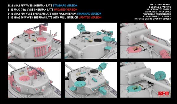 Збірна модель 1/35 Танк M4A3 76W VVSS Sherman Late з повним інтер'єром (стандартна версія) Rye Field Model RM-5135 детальное изображение Бронетехника 1/35 Бронетехника