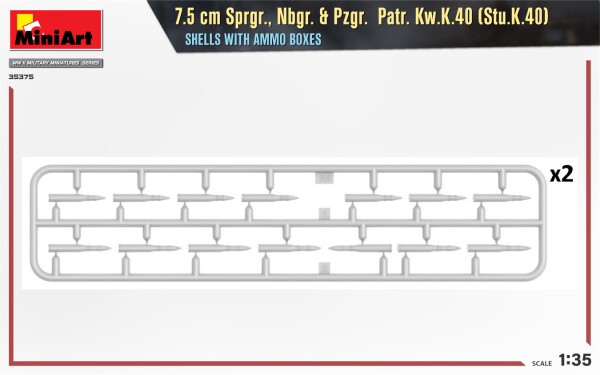 Сборная модель 1/35 Набор 7,5-см снаряды Sprgr., Nbgr. и Pzgr. Patr. Kw.K.40 (Stu.K.40) с ящиками детальное изображение Наборы деталировки Афтермаркет
