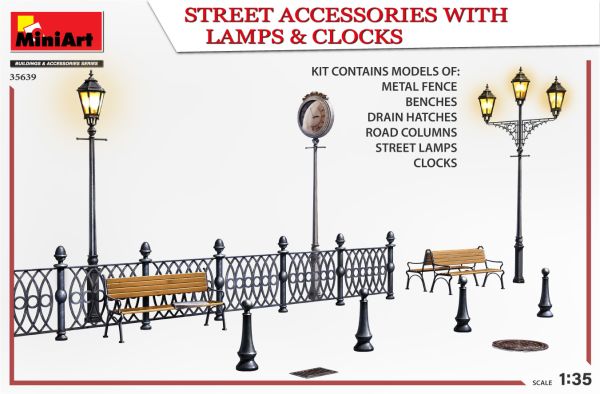 Scale model 1/35 Set of street accessories with lamp and clock Miniart 35639 детальное изображение Строения 1/35 Диорамы