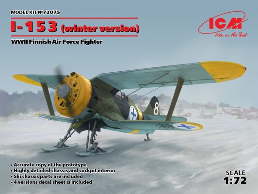 Збірна модель 1/72 Винищувач І-153 ВПС Фінляндії (зимова модифікація) ICM 72075 детальное изображение Самолеты 1/72 Самолеты