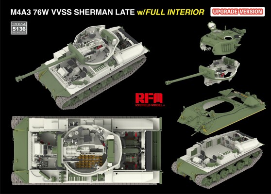 Збірна модель 1/35 Танк M4A3 76W VVSS Шерман Late з повним інтер'єром (Оновлена версія) Rye Field Model RM-5136 детальное изображение Бронетехника 1/35 Бронетехника