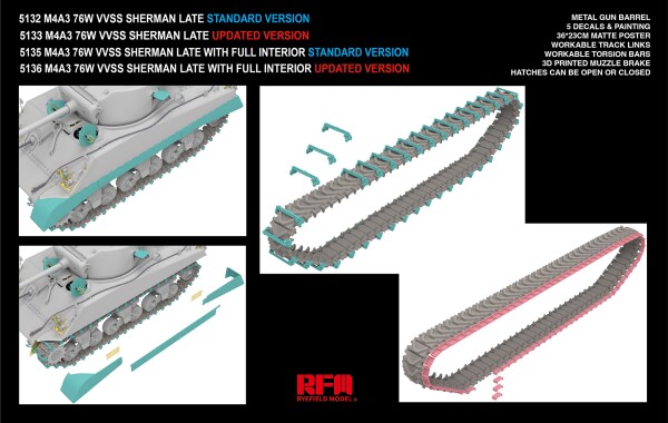 Збірна модель 1/35 Танк M4A3 76W VVSS Шерман Late з повним інтер'єром (Оновлена версія) Rye Field Model RM-5136 детальное изображение Бронетехника 1/35 Бронетехника
