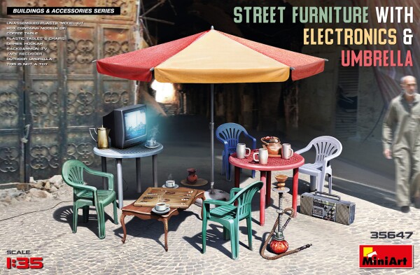 Сборная модель 1/35 Набор уличная мебель с электроникой и зонтом Миниарт 35647 детальное изображение Аксессуары Диорамы