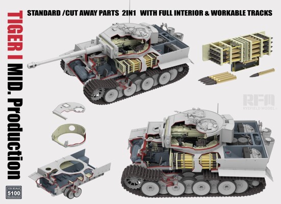 Сборная модель 1/35 Танк Pz.Kpfw. VI Ausf. E Тигр I MID. Стандартные/разрезанные детали 2в1 РФМ 5100 детальное изображение Бронетехника 1/35 Бронетехника