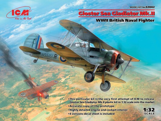 Збірна модель 1/32 Британський винищувач Gloster Sea Gladiator Mk.II ICM 32042 детальное изображение Самолеты 1/32 Самолеты