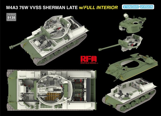 Збірна модель 1/35 Танк M4A3 76W VVSS Sherman Late з повним інтер'єром (стандартна версія) Rye Field Model RM-5135 детальное изображение Бронетехника 1/35 Бронетехника