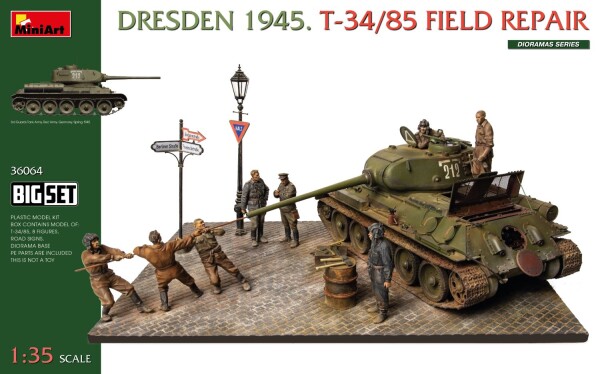 Сборная модель 1/35 Большой набор Дрезден 1945 Т-34/85 полевой ремонт МиниАрт 36064 детальное изображение Бронетехника 1/35 Бронетехника
