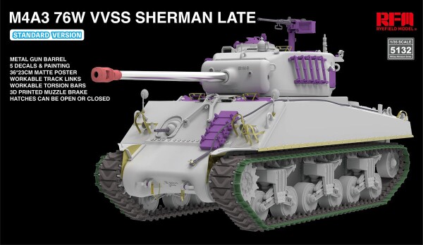 Збірна модель 1/35 Американський танк M4A3 76W VVSS Sherman Late Standard Version RFM RM-5132 детальное изображение Военная техника 