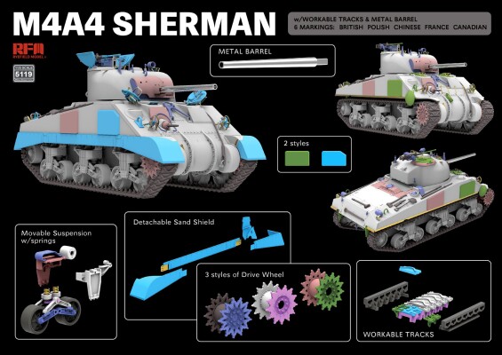 Збірна модель 1/35 Танк M4A4 Sherman RFM RM-5119 детальное изображение Бронетехника 1/35 Бронетехника