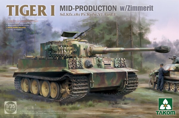 Збірна модель 1/35 Німецький танк Tiger I Sd.Kfz.181 Pz.Kpfw.VI Ausf.E (Mid) з циммеритом Takom 2198 детальное изображение Бронетехника 1/35 Бронетехника