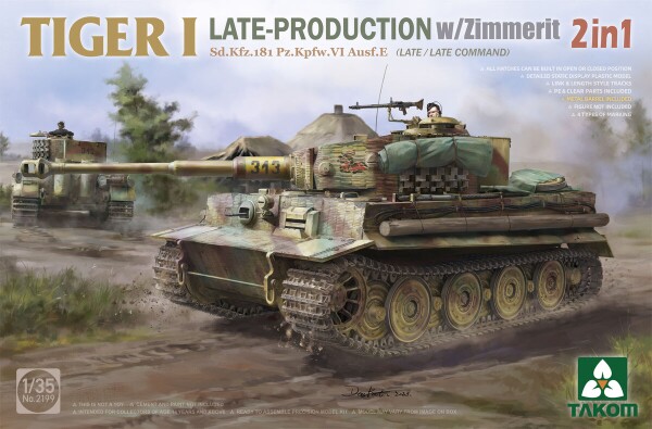 Збірна модель 1/35 Німецький танк Tiger I Sd.Kfz.181 Pz.Kpfw.VI Ausf.E (Late / Late Command) 2 в 1 з циммеритом Takom 2199 детальное изображение Бронетехника 1/35 Бронетехника