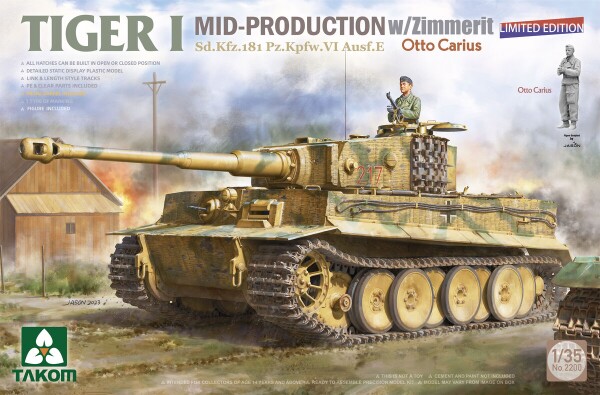 Збірна модель 1/35 Танк Tiger I Sd.Kfz.181 Pz.Kpfw.VI Ausf.E (Mid) з циммеритом + фігура Отто Каріуса Takom 2200 детальное изображение Бронетехника 1/35 Бронетехника
