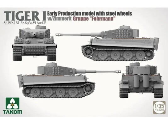 Scale model 1/35 Tank Tiger I early model with steel wheels Zimmerit Gruppe &quot;Fehrmann&quot; Takom 2202 детальное изображение Бронетехника 1/35 Бронетехника