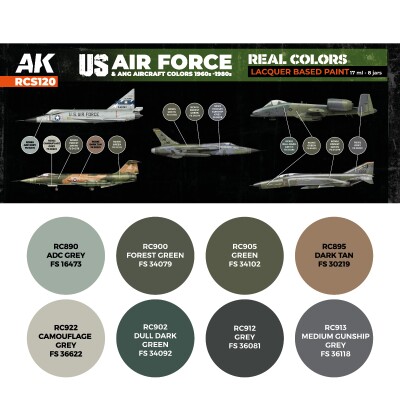A set of Real Colors lacquer based paints US Air Force &amp; ANG Aircraft Colors 1960s-1980s AK-Interactive RCS 120 детальное изображение Наборы красок Краски