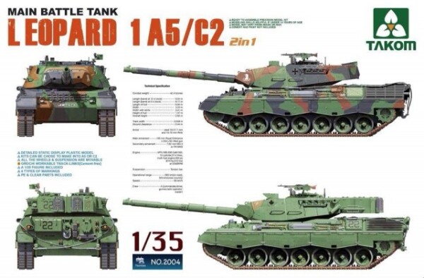 Сборная модель 1/35 Немецкий танк Леопард 1 А5/C2 (2 в 1) Таком 2004 детальное изображение Бронетехника 1/35 Бронетехника