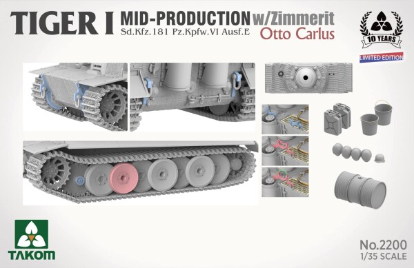 Збірна модель 1/35 Танк Tiger I Sd.Kfz.181 Pz.Kpfw.VI Ausf.E (Mid) з циммеритом + фігура Отто Каріуса Takom 2200 детальное изображение Бронетехника 1/35 Бронетехника
