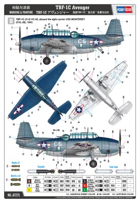 Збірна модель 1/72 Літак TBF-1C Avenger HobbyBoss 87275 детальное изображение Самолеты 1/72 Самолеты