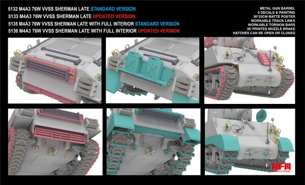 Збірна модель 1/35 Танк M4A3 76W VVSS Sherman Late з повним інтер'єром (стандартна версія) Rye Field Model RM-5135 детальное изображение Бронетехника 1/35 Бронетехника