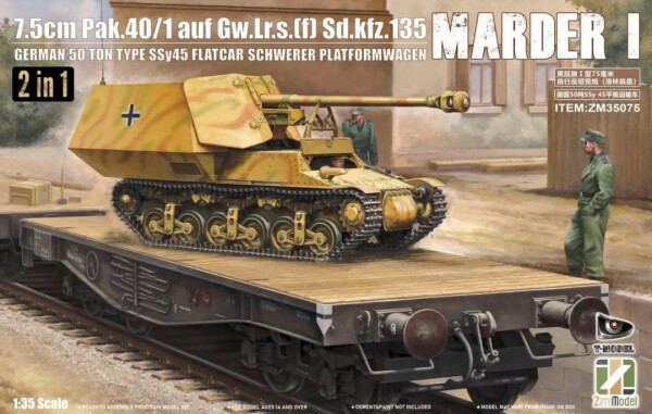 Збірна модель 1/35 Німецький танк Marder I 7.5cm Pak.40/1 auf Gw.Lr.s.(f) Sd.kfz.135 з німецькою 50-тонною залізничною платформою SSy45 Schwerer Platformwagen [2 в 1] Zimi ZM35075 детальное изображение Бронетехника 1/35 Бронетехника