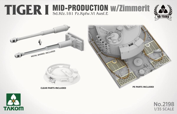 Збірна модель 1/35 Німецький танк Tiger I Sd.Kfz.181 Pz.Kpfw.VI Ausf.E (Mid) з циммеритом Takom 2198 детальное изображение Бронетехника 1/35 Бронетехника