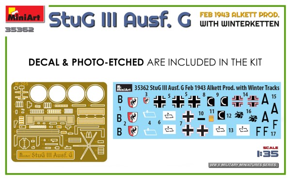 Збірна модель 1/35 Німецька САУ Stug ІІІ Ausf.G Лютий. 1943 р. ALKETT PROD. із зимовими ланцюгами Miniart 35362 детальное изображение Бронетехника 1/35 Бронетехника
