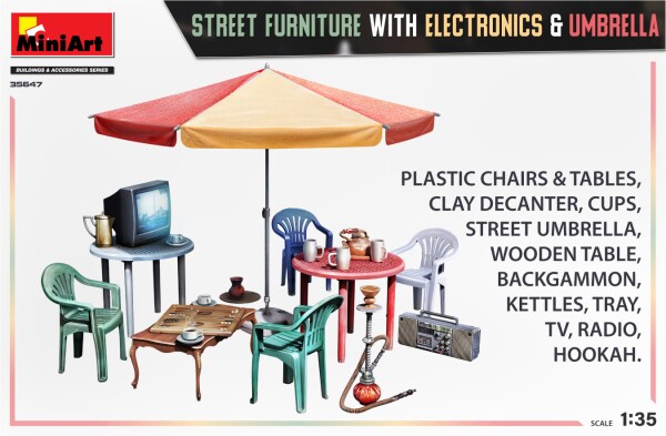 Сборная модель 1/35 Набор уличная мебель с электроникой и зонтом Миниарт 35647 детальное изображение Аксессуары Диорамы