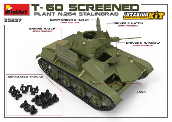 Збірна модель 1/35 Радянський легкий танк Т-60 екранований (завод 264 Сталінград) з інтер'єром MiniArt 35237 детальное изображение Бронетехника 1/35 Бронетехника
