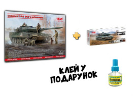 Збірна модель 1/35 Танк Леопард 2А6 ЗСУ з екіпажем + Набір акрилових фарб для танків "Леопард"