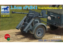 Scale model 1/35 2.8 cm spzb 41 on large steel wheeled cart with trailer Bronco 35141