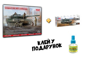 Збірна модель 1/35 Танк Леопард 2А6 ЗСУ з екіпажем + Набір акрилових фарб для танків "Леопард"