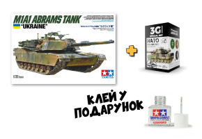 Scale model 1/35 tank "Abrams" Ukraine M1A1 Tamiya 25216 + Set of acrylic paints NATO COLORS 3G