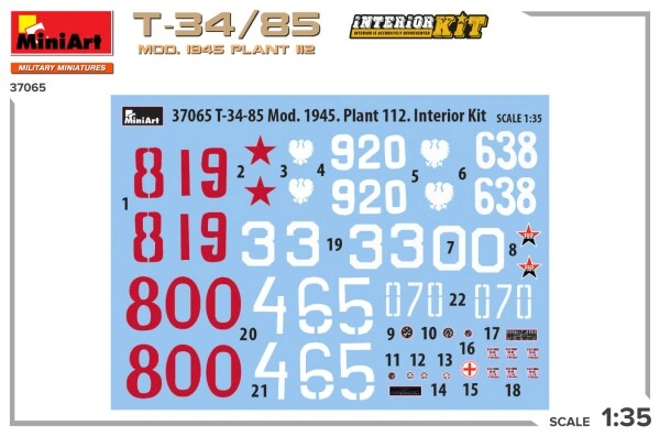 Сборная модель 1/35 Танк Т-34/85 мод. 1945 г. завод 112 с интерьером Миниарт 37065 детальное изображение Бронетехника 1/35 Бронетехника